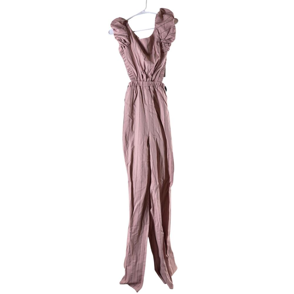 NWT Rosevelvet Puff Shoulder Mauve Pinstripe Criss-Cross Jumpsuit Sz L - Picture 3 of 6